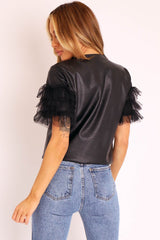 Black Faux Leather Organza Frill T-shirt - Maegan