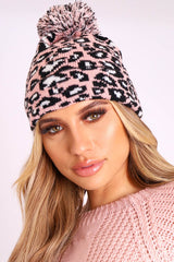Pink Leopard Knit Pom Pom Hat - Kela