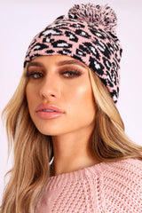 Pink Leopard Knit Pom Pom Hat - Kela