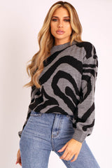 Dark Grey Black Abstract Print Knit Jumper - Palyn