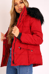Dark Red Fur Trim Adjustable Waist Puffer Coat - Rossie