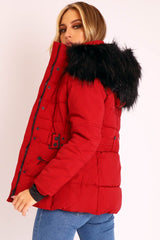 Dark Red Fur Trim Adjustable Waist Puffer Coat - Rossie