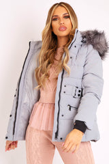 Light Grey Fur Trim Adjustable Waist Puffer Coat - Rossie