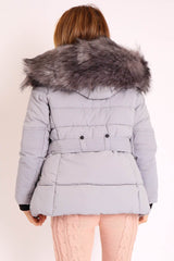 Light Grey Fur Trim Adjustable Waist Puffer Coat - Rossie