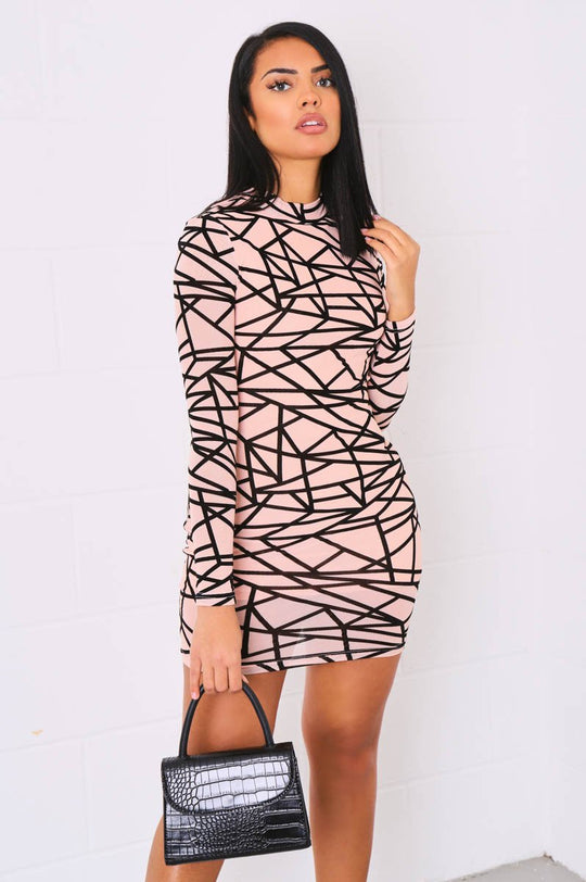 Nude Black Asymmetric Print High Neck Dress - Clydie