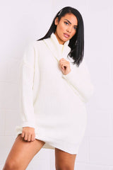 Cream Roll Neck Mini Jumper Dress - Dariyana