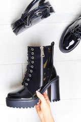 Black Patent Lace Up Heeled Boots - Faelyn