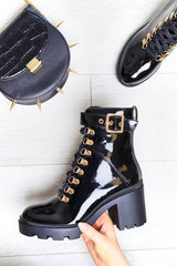 Black Patent Gold Detail Heeled Military Boot - Abela