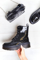 Black Croc Print Patent Leather Double Sole Boots - Dakoda