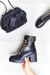 Black PU Gold Detail Heeled Military Boot - Abela