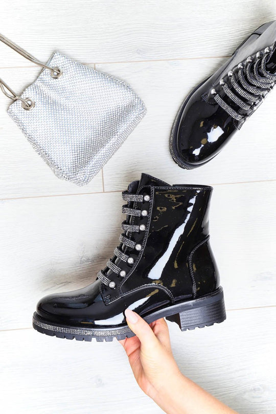 Black Patent Rhinestone Ankle Boot - Bailea