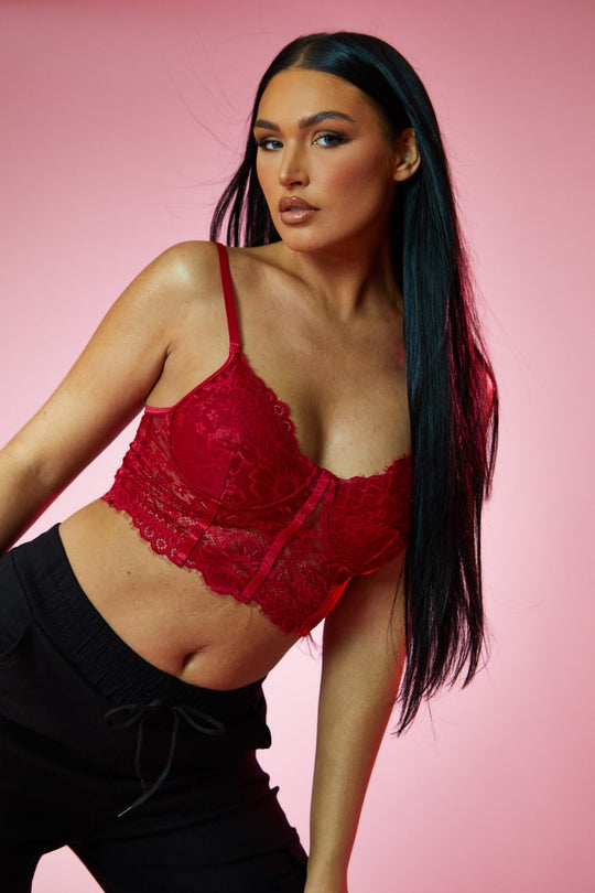 Red Lace Corset Cropped Top - Jewel