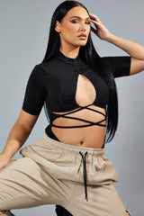 Black Ruched Cutout High Neck Bodysuit - Lakin