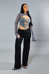 Grey Lace Up Mesh Sleeve Corset Top - Lavya