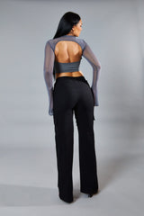 Grey Lace Up Mesh Sleeve Corset Top - Lavya