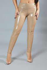 Beige Shiny Vinyl Pu Leggings - Kalai
