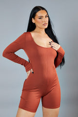 Rust Rib Knit Scoop Neck Unitard - Roohi