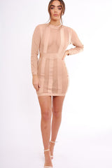 Camel Mesh Panel Striped Bandage Bodycon Dress - Clara