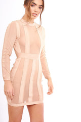 Camel Mesh Panel Striped Bandage Bodycon Dress - Clara