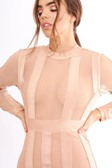 Camel Mesh Panel Striped Bandage Bodycon Dress - Clara