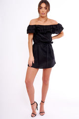 Black Frill Bardot Tie Waist Shirt Dress - Ally