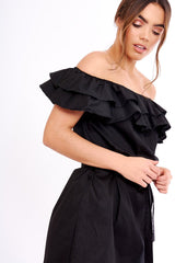 Black Frill Bardot Tie Waist Shirt Dress - Ally
