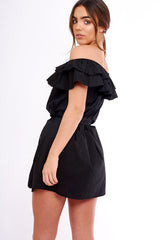Black Frill Bardot Tie Waist Shirt Dress - Ally