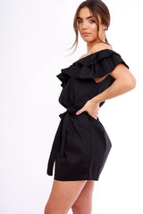 Black Frill Bardot Tie Waist Shirt Dress - Ally
