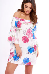 Pink And White Floral Bell Sleeved Bardot Dress - Cheynie