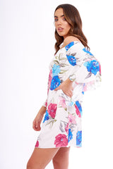 Pink And White Floral Bell Sleeved Bardot Dress - Cheynie