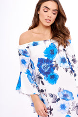 Blue And White Floral Bell Sleeved Bardot Dress - Cheynie