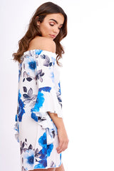 Blue And White Floral Bell Sleeved Bardot Dress - Cheynie