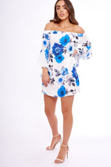 Blue And White Floral Bell Sleeved Bardot Dress - Cheynie