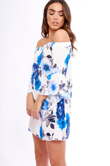 Blue And White Floral Bell Sleeved Bardot Dress - Cheynie
