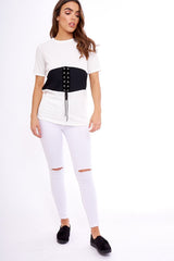 White & Black Lace Up Ribbed T-Shirt - Claudie