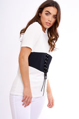 White & Black Lace Up Ribbed T-Shirt - Claudie