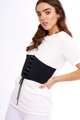White & Black Lace Up Ribbed T-Shirt - Claudie