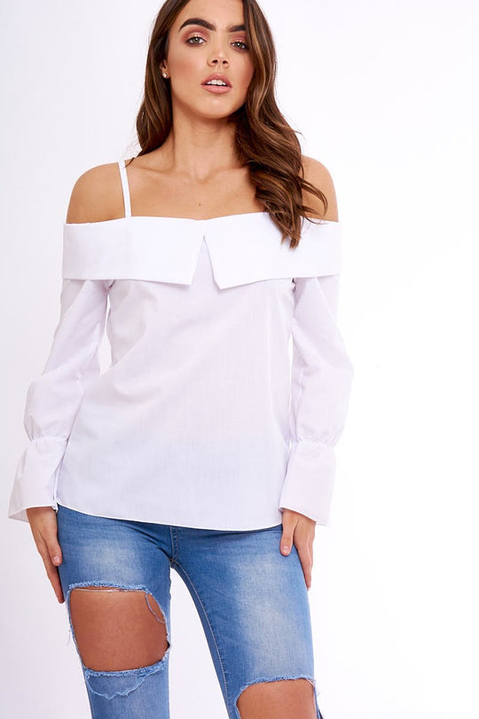White Bardot Strappy Bell Sleeve Top - Kandice