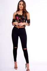 Black Pleated Floral Crochet Trim Cold Shoulder Crop Top - Raya
