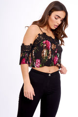 Black Pleated Floral Crochet Trim Cold Shoulder Crop Top - Raya