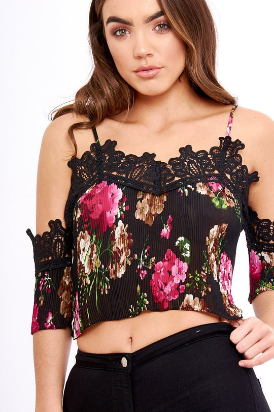Black Pleated Floral Crochet Trim Cold Shoulder Crop Top - Raya