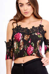 Black Pleated Floral Crochet Trim Cold Shoulder Crop Top - Raya