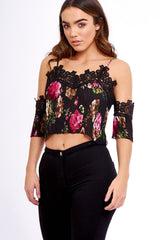 Black Pleated Floral Crochet Trim Cold Shoulder Crop Top - Raya
