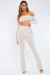 Stone Slinky Bardot Crop Top & Lace Up Trouser Set - Shay