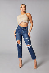 Beige Rib Knit Diamante Detail One Sleeve Cropped Top - Aina