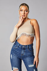 Beige Rib Knit Diamante Detail One Sleeve Cropped Top - Aina