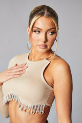 Beige Rib Knit Diamante Detail One Sleeve Cropped Top - Aina