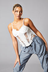White Mesh Lace Floral Embroidered Corset Detail Top - Takara