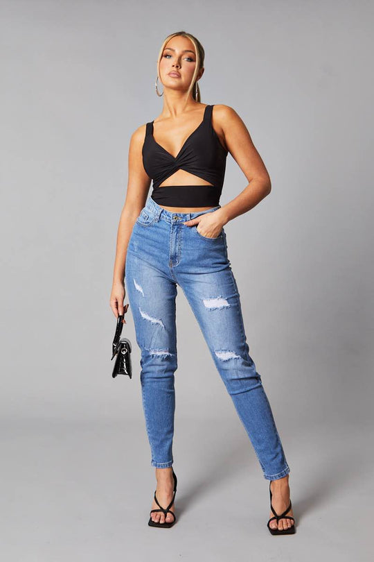 Mid Blue Distressed Straight Jeans - Atria