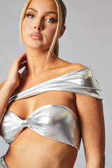 Silver Metallic Bandeau Crop Top & Ruched Mini Skirt Set - Riku